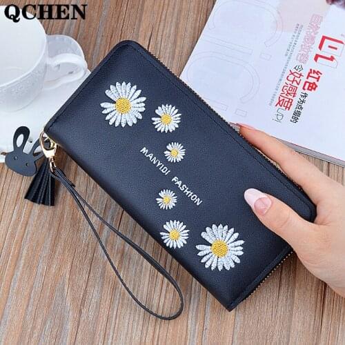 Womans wallet Long Small daisies embroidery wallet mobile phone bag clutch bag Korean version Lady wallet large capacity pu 783