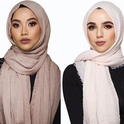Women Muslim Plain Soft Crinkle Cotton Hijab Scarf Long Shawl Islamic Wrap Stole Female Scarves Fashion Headscarf Hijabs Muffler