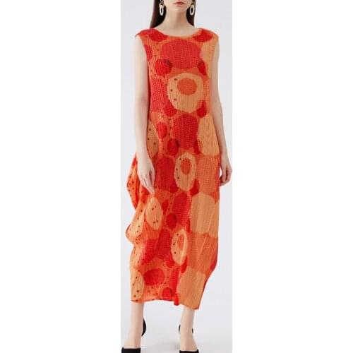 Issey miyake Pleated Womens printed Dress 2021 Summer Korean Thin Western Lantern Long Skirt plus size ruched dress for woman