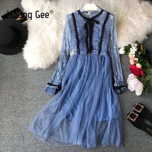 Young Gee Sexy See-through Mesh Ruffles Tweed Dress Spring Autumn Ribbon Bow Single-breasted Long Sleeve Elegant Party Dresses