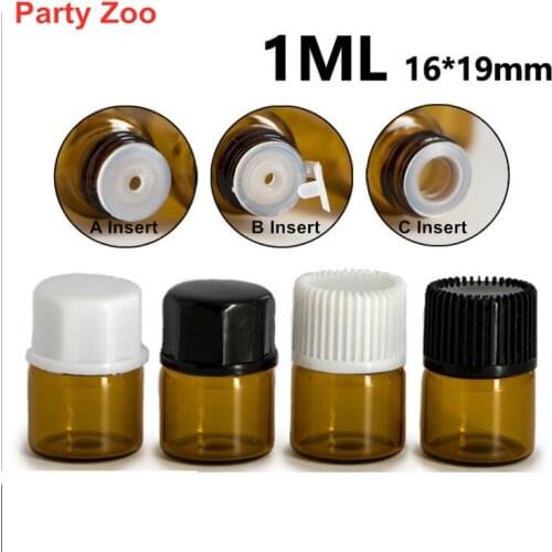 1080 X 1ml Sample size amber Glass Essential Oil Bottle with Plastic Cork black/white Cap 16x19mm