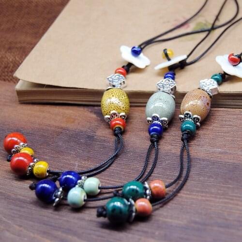 12 Pieces/Lot Ceramic Beads Long Necklace For Women Colorful Bead Chinese Knot Necklaces Sweater Accessories Vintage Jewelry