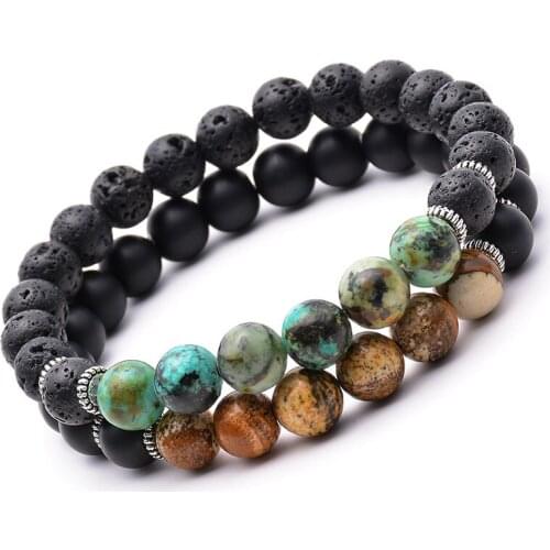 2pcs/Set Bracelets Men Natural Stone Lava Volcanic rock Bead Unisex Bracelet Yoga Bangles Jewelry Couple Gift Set