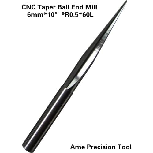 6mm R0.5/0.75/1.0 60L 70L 80L 100L CNC tool ,Woodworking Router bit,Tungsten end milling cutter,2 Flutes taper ball nose mill