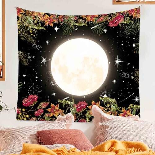 Moonlit Garden Tapestry Luxury Butterfly Moon Phase Flower Wall Hanging for Bedroom Decoration150 x 130CM