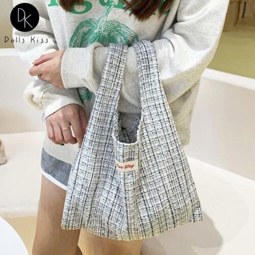 Ladies Canvas Eco Bag Women Retro Checkered Small Shopping Bag Niche Lunch Bag Female Casual Travel Handbag Girls Picnic Totes