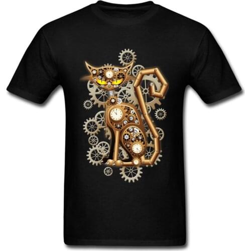 Family Steampunk Cat Vintage Copper Toy Tops T Shirt for Men Oversized Mother Day Round Neck Cotton Fabric T Shirts Tee-Shirts