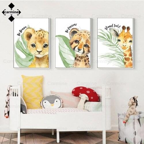 Cartoon Animal Print Canvas Painting Nursery Picture Nordic Cute Zebra Giraffe Lion Elephant Poster Children Room Wall Art Decor