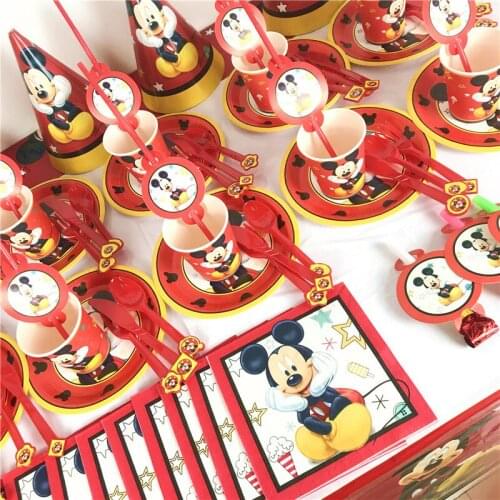Mickey Mouse Theme Birthday Party Supplies Paper Cup Plate Straws Flags Blowout Party Tablecloth Kids Favor Toys Decor Balloons