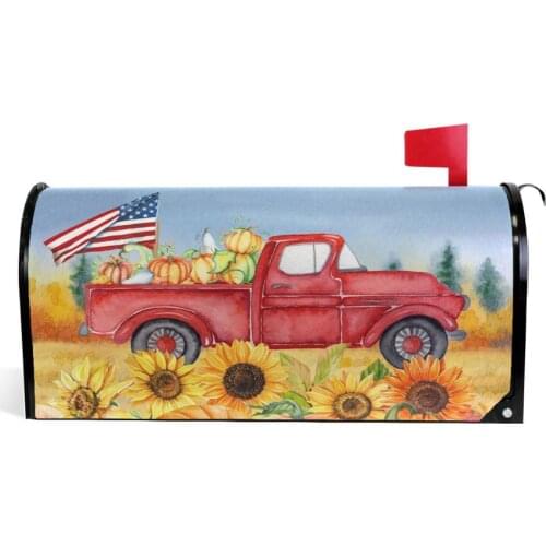 Autumn Fall Thanksgiving Pumpkin Red Truck Magnetic Mailbox Cover Sunflower American Flag Letter Post Box Cover Wrap Decoration