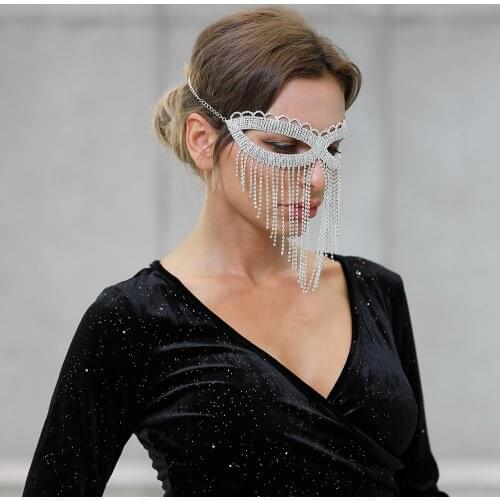 Masquerade Rhinestone Tassel Masks Women New Handmade Diamond Chain Head Decor Facemask Cosplay Festival Party Jewelry