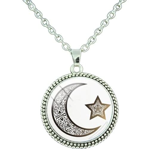 Muslim Islamic Hajj Umrah pendant necklace Glass dome Moon star pendant Round Pendant Women necklace Gift Jewelry NT441