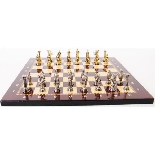 Historical Antique Gold Rome Figures Metal Chess Set,Handmade Pieces,Walnut Patterned Wood Chees Board Small Size King 4 Cm