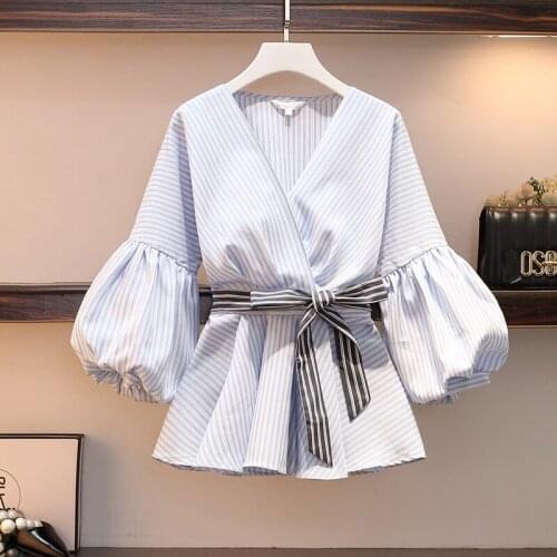 2020 Autumn New Women Fashion Blouse V-neck Lantern Sleeve Striped Peplum Tops Plus Size Women Shirts Chemise Blusa S-4XL