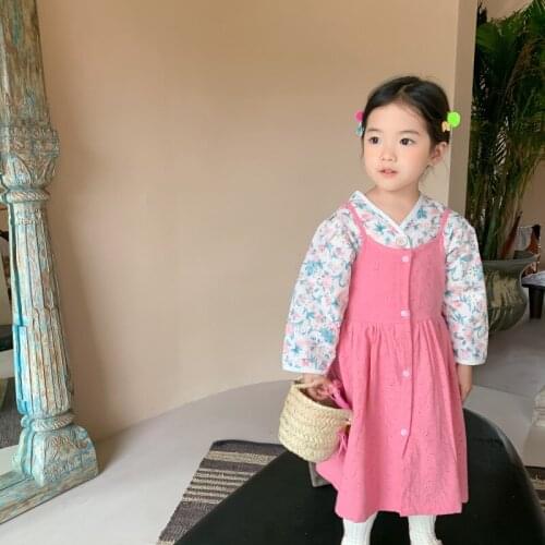 Autumn New Arrival korean style girls sets flowers pattern long sleeve blouse with suspender dress for cute sweet baby girls