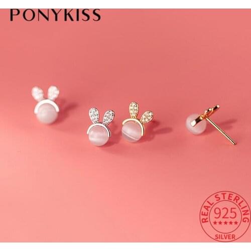 PONYKISS Romantic 925 Sterling Silver Stone Cute Rabbit Animals Stud Earrings for Women Party Fine Jewelry Minimlist Accessory