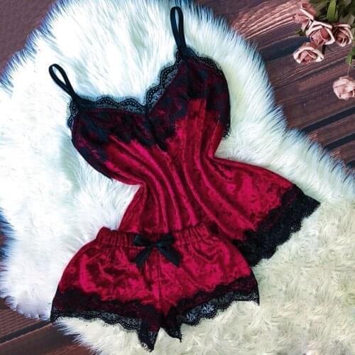 Sexy Lingerie Set Velvet Sleepwear Womens Pajama Set Sexy Temptation Babydoll Nightwear Cute Cami Top and Shorts Pijama Mujer#W