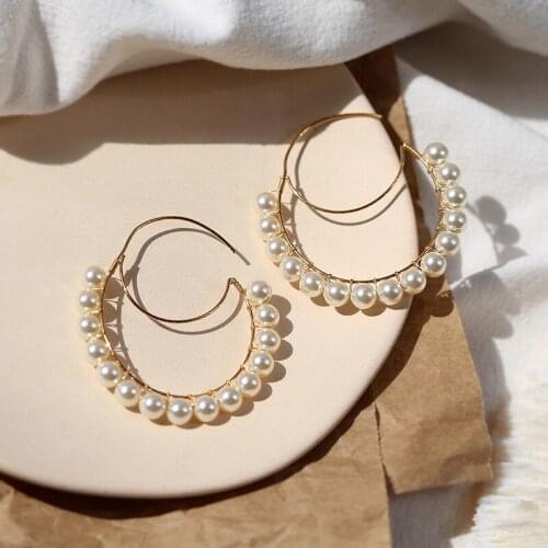 Natural pearl gold-plated pearl big earrings female ins wind elegant temperament earrings wrapped pearl meniscus earrings