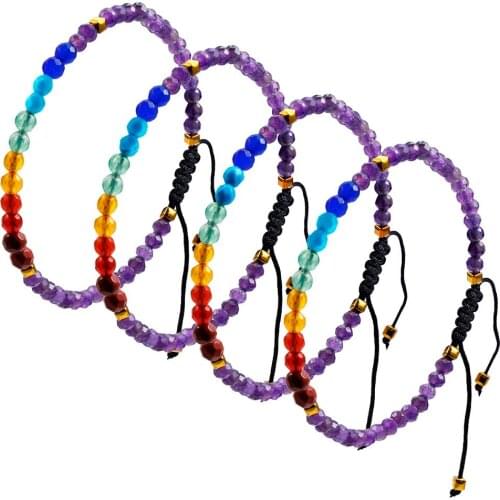 SUNYIK 4mm Faceted Crystal Stone Beaded Macrame Bracelet, 7 Chakra Stone Yoga Bangle