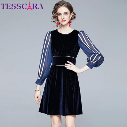 TESSCARA Women Spring Autumn Elegant Velvet Dress Festa High Quality Cocktail Party Robe Femme Designer Lantern Sleeve Vestidos