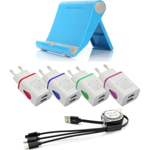 Adjustable Phone Holder Universal For Phone 5V 2A 2 USB Phone Charger DC Adapter 3 IN 1 Charging Cable 1.2M For Samsung Iphone