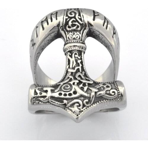 FANSSTEEL Stainless Steel Jewelry Inscription Thors Hammer Ring FSR14W99