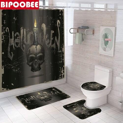 Skeleton Halloween Shower Curtain Bathroom Curtains Festival Decoration Pedestal Non-slip Rugs Bath Mats Toilet Pad Cover