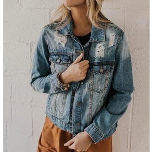 Womens Hole Denim Jacket Coat Autumn 2021 Casual Turn Down Collar Button Wash Jean Jackets Lady Harajuku Style Loose Streetwear