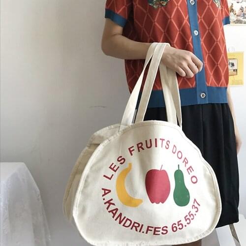 Ladies Canvas Bag Female Cute Fruit Letter Printing Shoulder Bag Large Capacity ToteBag Student BookBag Girl Casual Shopping Bag