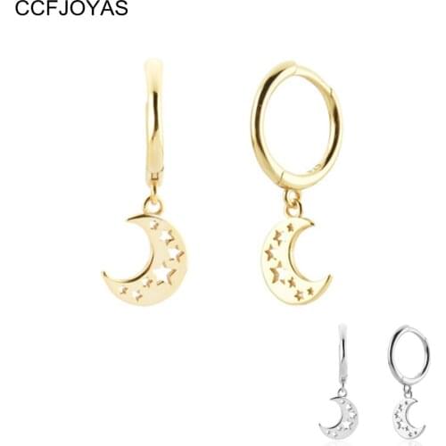CCFJOYAS 925 Sterling Silver Geometric Moon Hollow Star Round Hoop Earring for Women European and American Light Luxury Jewelry