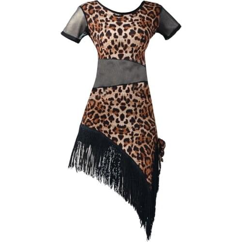 2020 New Women Ballroom Latin Dance Dress Costume Female Adult Leopard Print Tassel Dance Performance Sexy Mesh Stitching Dress