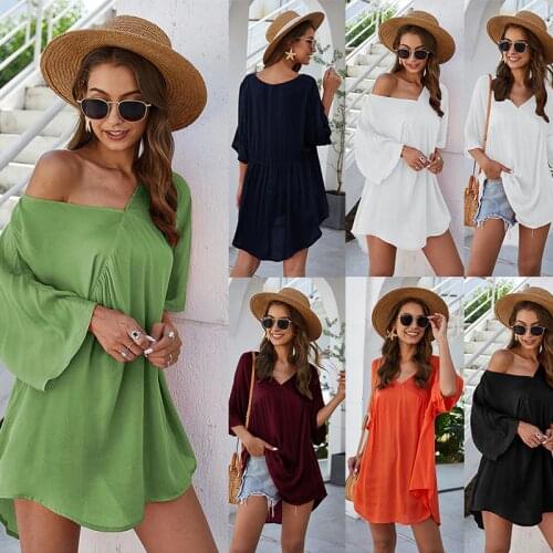 Spring And Summer Style Womens Casual Sexy V Neck Dress Beach Skirt 2021 New Solid Ruffle Three Quarter Sleeve Lady Mini Dress