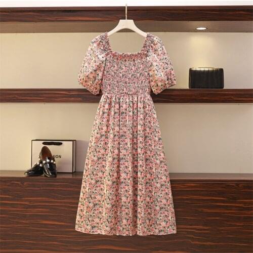 2021 Summer Vintage Plus Size Floral Chiffon Loose Midi Dress With Ruffle Women Puff Sleeve Elegant Square Neck Dresses