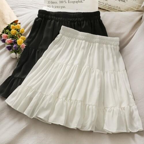 2021 Summer Sweet Girl Elastic Waist Slim Pleated Skirt Pure Color Wild Chiffon Black and White Anti-glare A-line Skirt