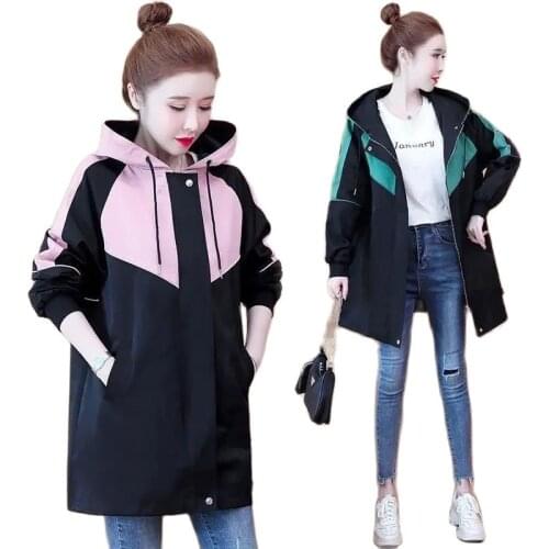 2021 Fashion Trench Coat For Women Spring Autumn Hooded Outwear Casual Patchwork Long Windbreaker With Lined Plus Size Tops 2164