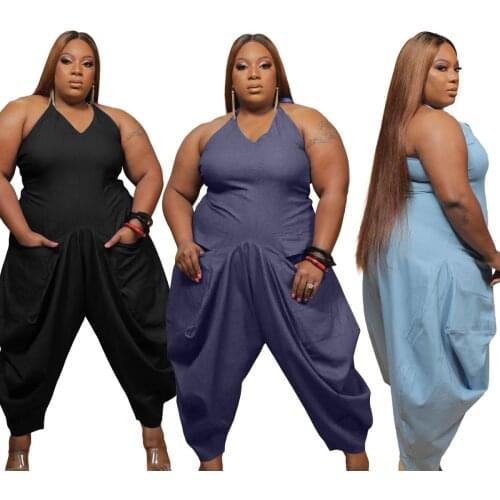 5xl Plus Size Fashion Womens Personality Pocket Sexy Halter Neck Sleeveless Solid Color Casual Loose Harem Trousers Jumpsuit
