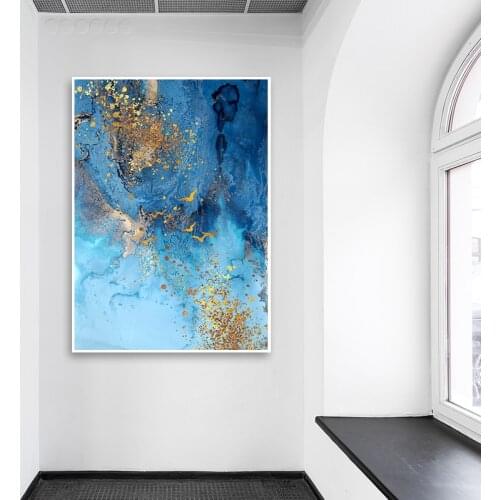 Abstract Blue Sky Canvas Paintings Bird Gold leaf Wall Art Prints Poster Living Room Decor Decorative Paintings Wall Home Decor