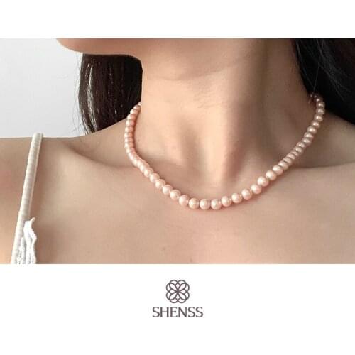 Elegant Pink Preal Necklace Classic Temperament Wedding Necklace 6-10mm Shell Pearl Cream 925 Sterling Silver Chain for Women