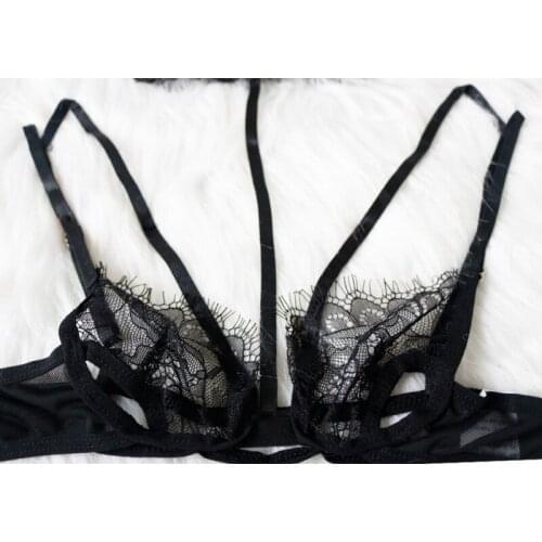 Black Sexy Lace Bra Perspective Hollow Out Lingerie Super Temptation Halter Bras With Hasp