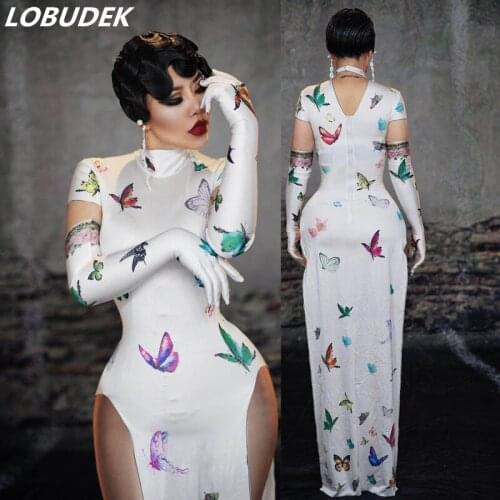 Butterfly Pattern White Slit Long Dress Vintage Cheongsam Singer Dancer Costume Bar Nightclub Sexy Stage Wear Birthday DS Outfit