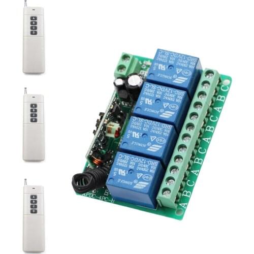 Home Automation DC12V 10A 4CH Relay Wireless Remote Control Switch Receiver with 4 Buttons Transmitters 0-1000M High Sensitivity