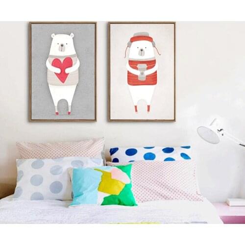 HAOCHU Nordic Wall Posters White Polar Bear Red Heart Cute Animal Print Canvas Painting Art Picture for Kids Room Decor No Frame