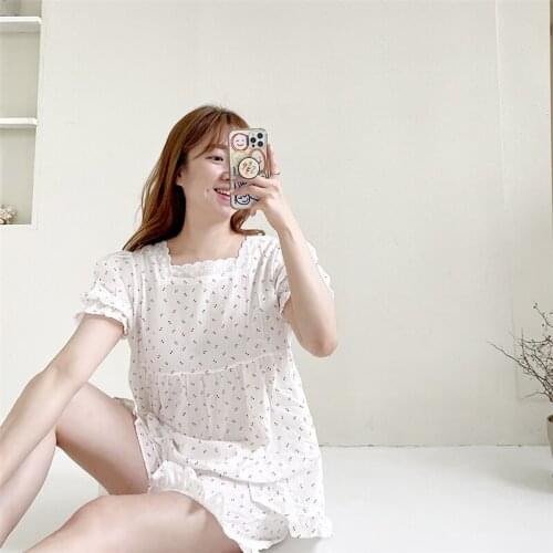 Cherry Print Summer Pajamas Set Women Square Collar Puff Sleeve Shirts + Shorts Set Two Piece Home Suit Kawaii Loose Homewear