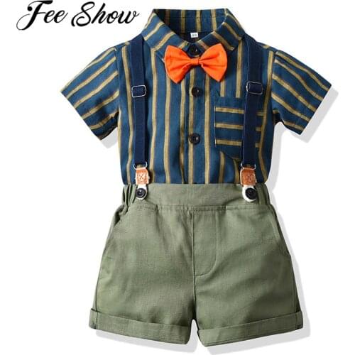 2Pcs Baby Suits for Boys Kids Short Sleeve Gentleman Outfits Bowtie Shirt +Suspender Shorts Birthday Childrens Set Boys Suits