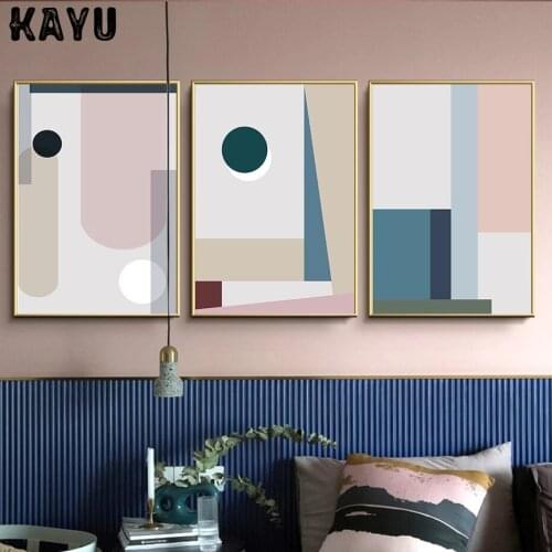 Minimalist Abstract Geometric Pink Blue Canvas Paintings Wall Art Print Poster Picture for Living Room Interior Home Decoration
