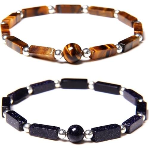Fashion Square Cuboid Natural Stone Bangle Tiger Eye Lapis Lazuli Silver Color Ball Spacer Beads Bracelets For Women Men Jewelry