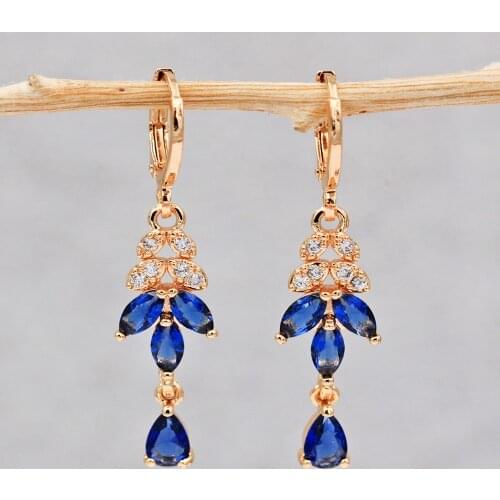 Trendy Gold Dangle Water Drop Earrings Navy Blue Cubic Zirconia Stone For Women Girls Fashion Jewelry Accessories Wedding Gift