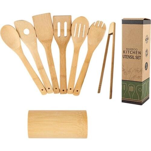 8pcs/set Wooden Bamboo Cooking Utensils Set Kitchen Utensil Set With Holder Wooden Spoons For Cooking Great Gift
