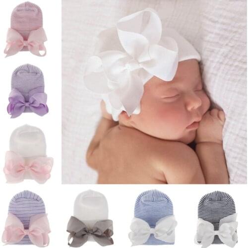 Newest Cute Newborn Baby Infant Girl Comfy Bowknot Hospital Cap Thick Warm Beanie Hat Double layer warm hat for baby winter H234