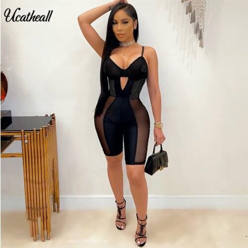 New Sexy Women Sleeveless Mesh Patchwork Jumpsuit See Through Bodysuit One-piece Cut Off Rompers Club Party Playsuitc